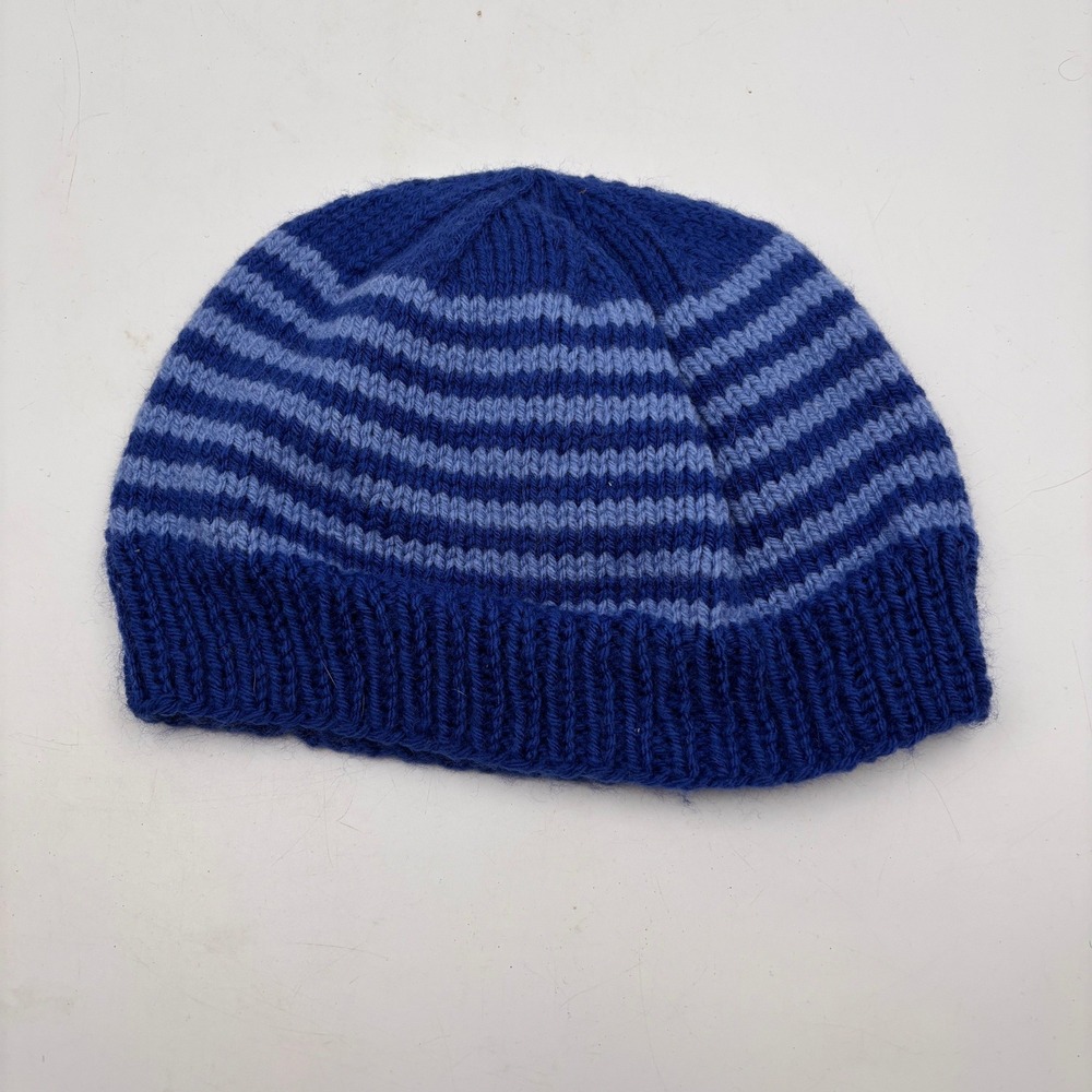 Hand Knitted Blue Striped Beanie Hat Warm Winter Cap - Picture 2 of 4